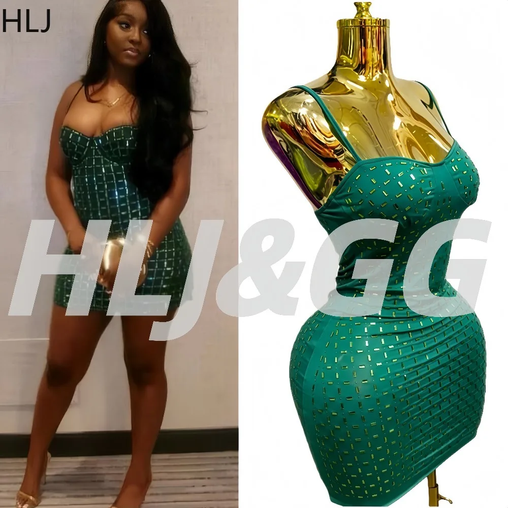 

HLJ Sexy Rhinestone Patchwork Bodycon Dresses Women Spaghetti Strap Sleeveless Backless Dress Female Party Clubwear Vestidos New
