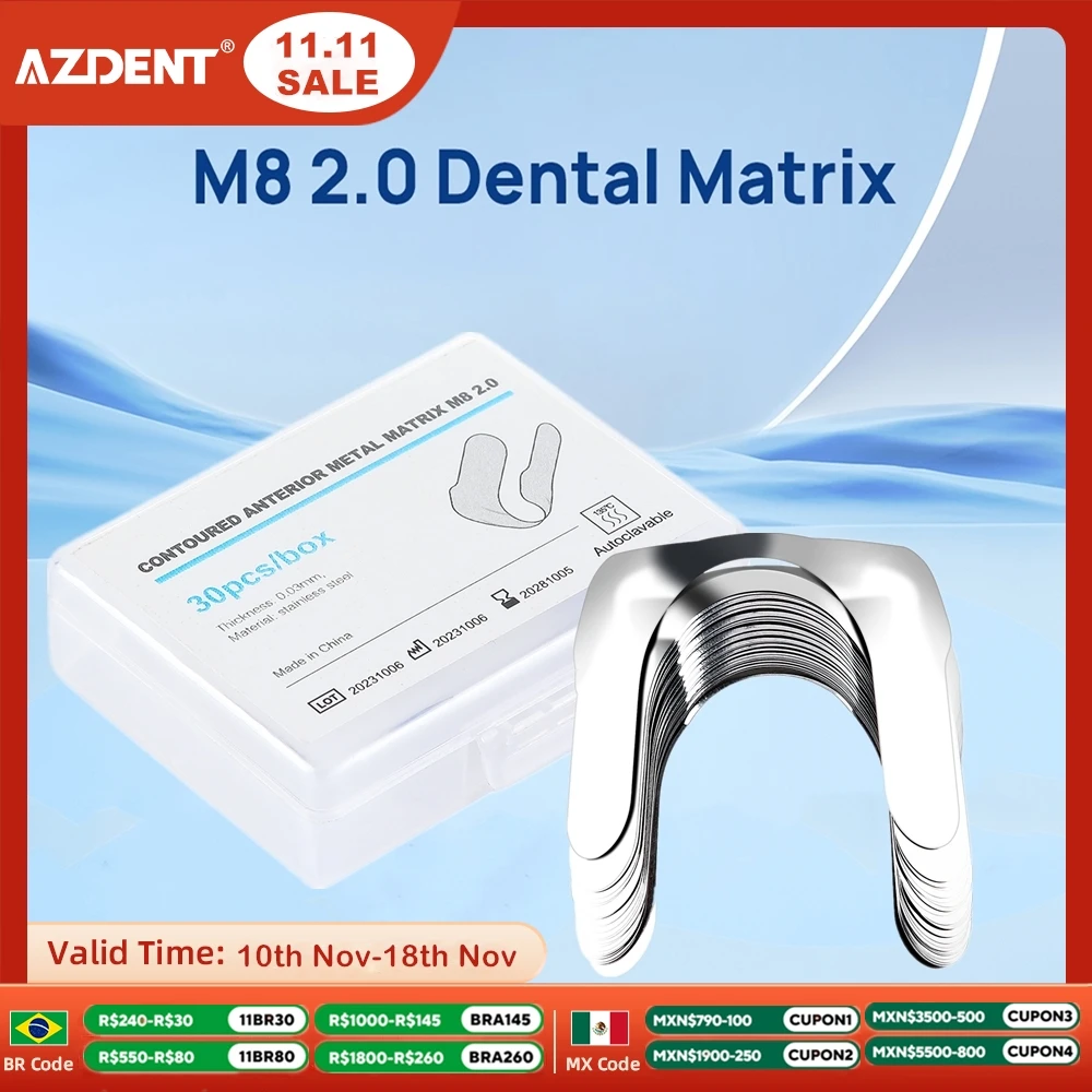 30PCS Dental Matrix Contoured Anterior M8 AZDENT Metal Matrix Bands Sectional  System Matrices Dentistry Tools Materials