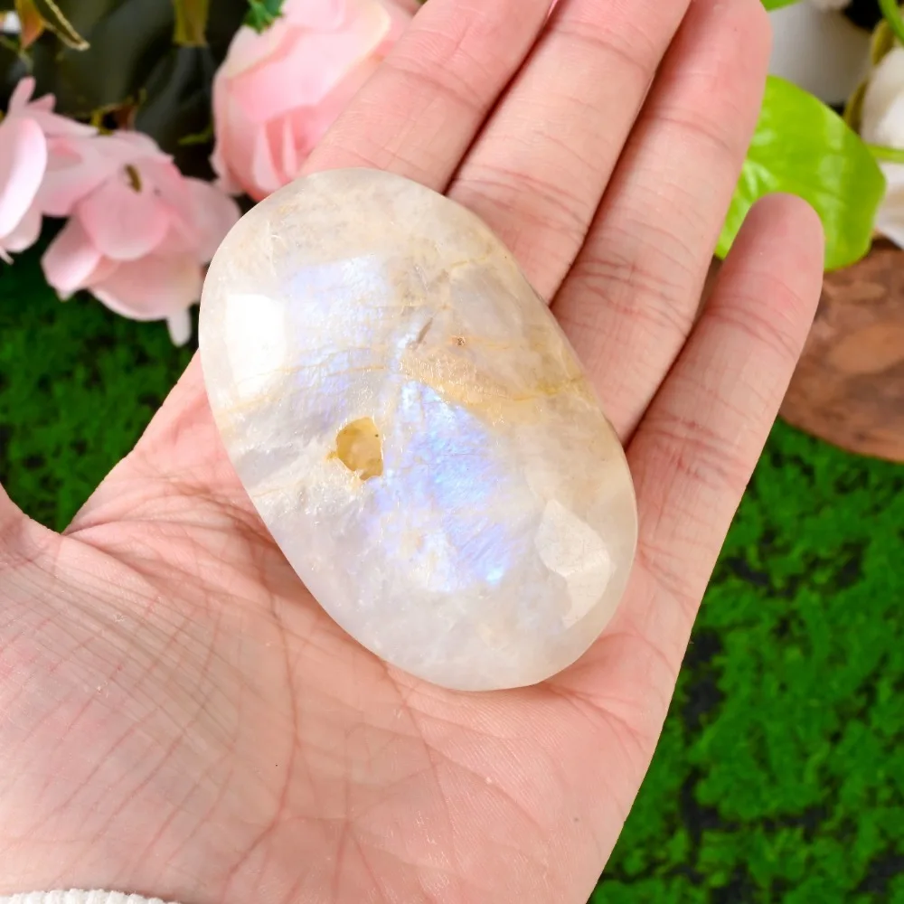 

1pc High Quality Blue Moonlight Palm Stone - Natural Crystal Carving with Golden Accents, DIY Craft Material for Gemstone