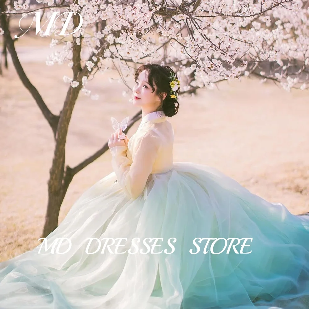 MD A Line Yellow And Turquoise Hanbok V-Neck Wedding Dress Pleat Full Sleeve Korea PhotoShoot Customised Korea Bridal Gown 2025