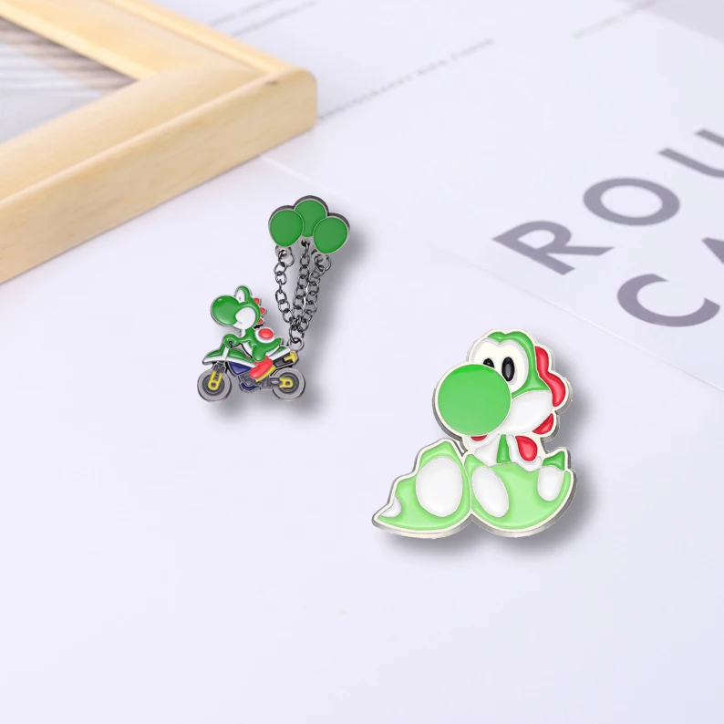 

Enamel pins with balloons and animal chains, lapel badges, cartoon jewelry, green dinosaur, personalized gift for friends