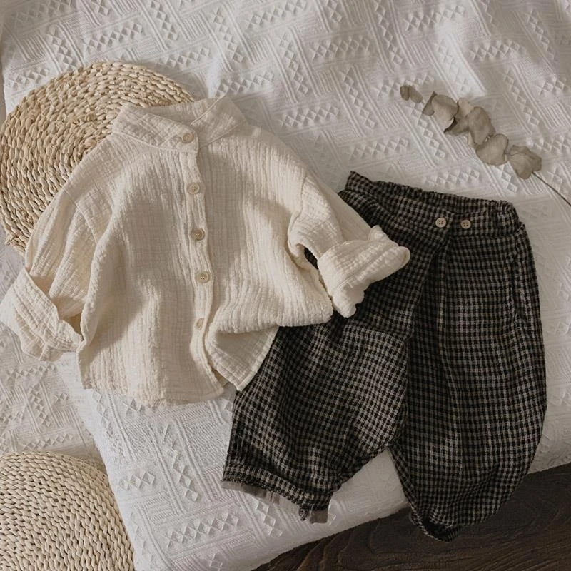 Children's Shirt Stylish Stand Up Collar Girls' Cotton Korean Style Boys' Fashion and Comfort Solid Color Kids Clothes