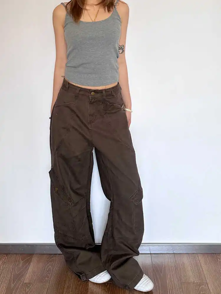 

Women's Brown Gothic Baggy Jeans Y2K Lattice Spliced 90s Harajuku Japanese Streetwear Retro Loose Wide Leg Jeans Pants Clothing