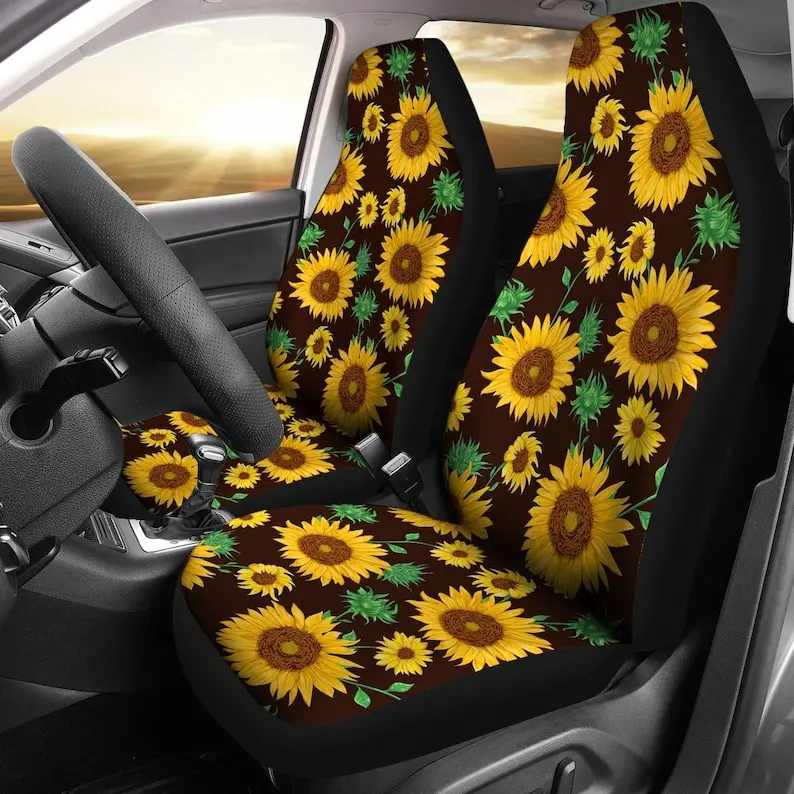 Sunflowers Floral Flowers Black Car Seat Covers Pair, 2 Front Car Seat Covers, Seat Cover for Car, Car Seat Protector, , Yellow