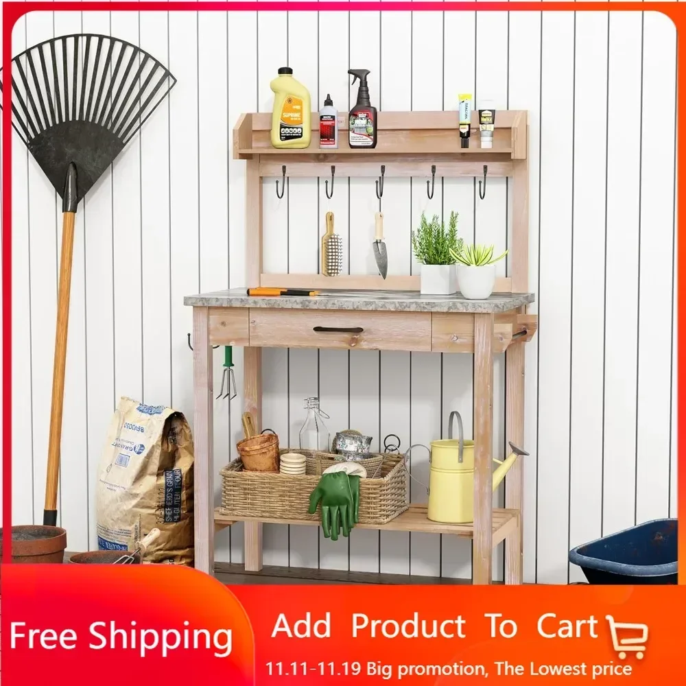 

Outdoor Potting BenchTable with Metal Tabletop, Planting Table Potting Work Station with Storage Drawer and Removable Shelf Rack
