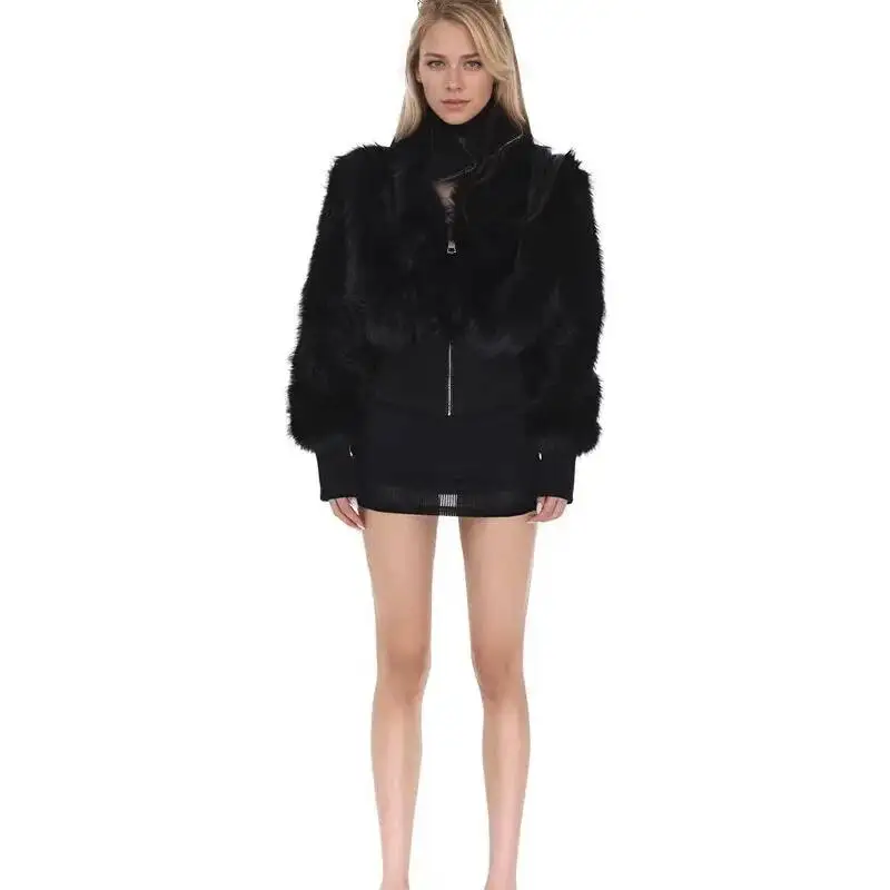 Krótki płaszcz ze sztucznego futra z kołnierzem stójką, zapinany na zamek, wysokiej jakości, na jesień i zimę 2026, dla kobiet.