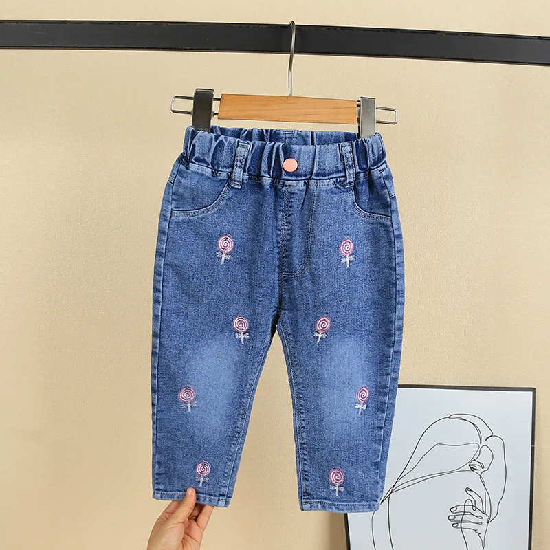 New children's denim pants girls' spring and autumn strawberry embroidery elastic versatile fashion pants 0-5 years old