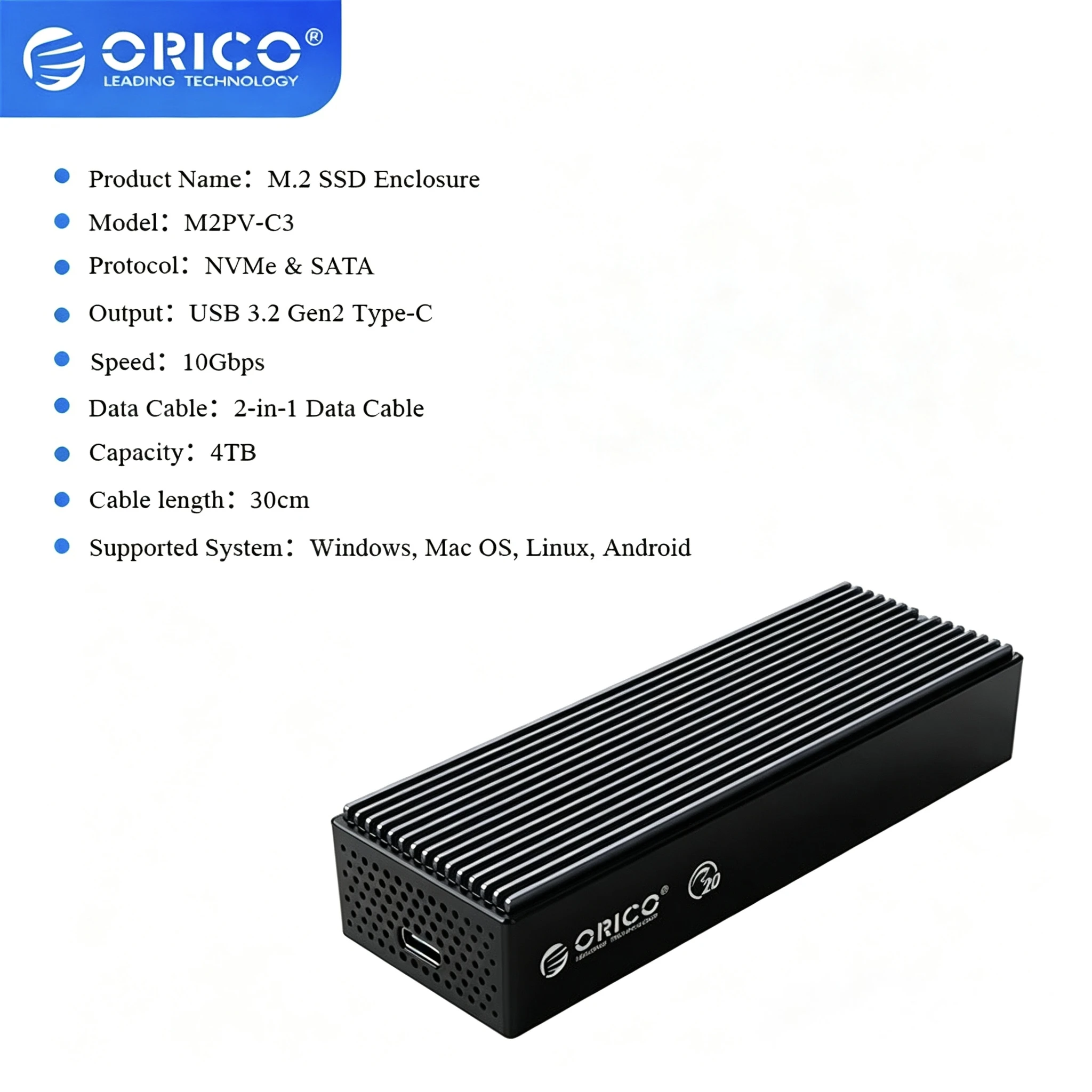ORICO – boîtier pour SSD M.2 NVMe USB Type C Gen2, 10Gbps, PCIe, 5Gbps, SATA NGFF