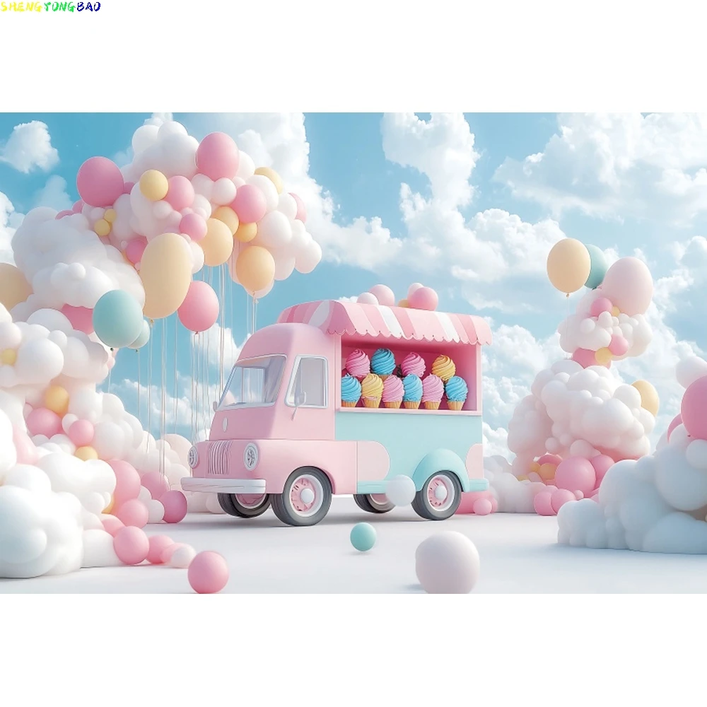Baby 1st Birthday Ice Cream Truck Backdrop for Photography White Clouds Blue Wall Balloons Portrait Background Studio Shooting