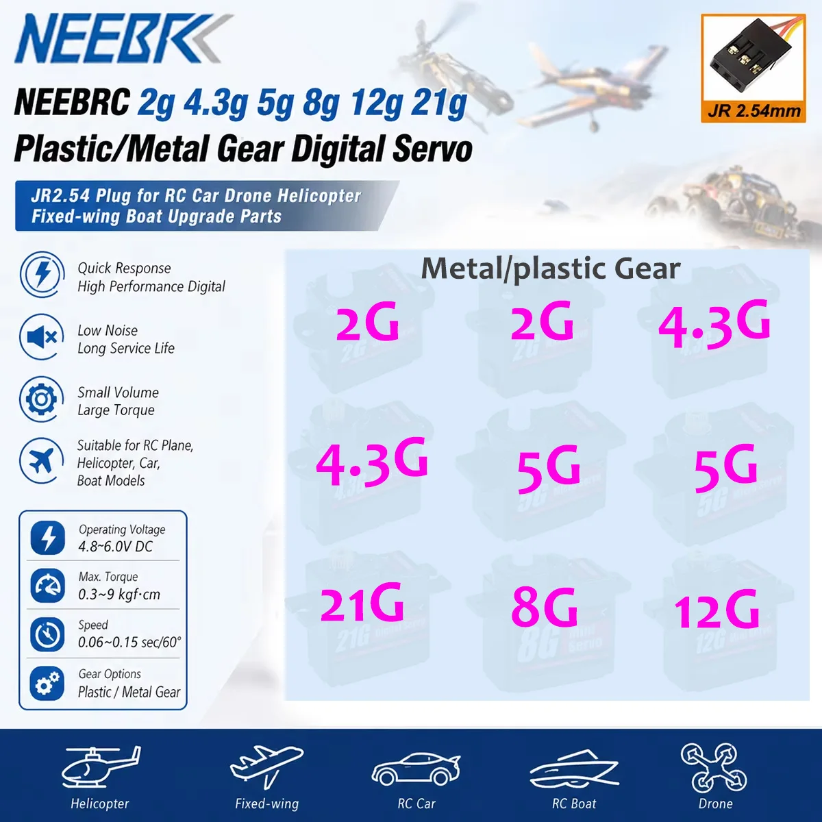 

NEEBRC 2g 4.3g 5g 8g 12g 21g Plastic/Metal Gear Digital Servo JR2.54 for RC Drone Helicopter Fixed-wing Car Boat Upgrade Parts