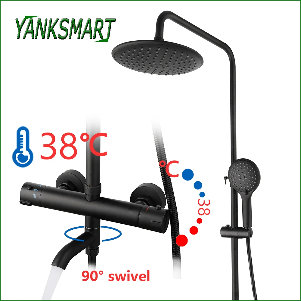 

YANKSMART Black Bathroom Shower System Set 8" Rainfall Showerhead Wall Mounted 38 Degree Thermostat Bath Chuveiro Mixer Tap