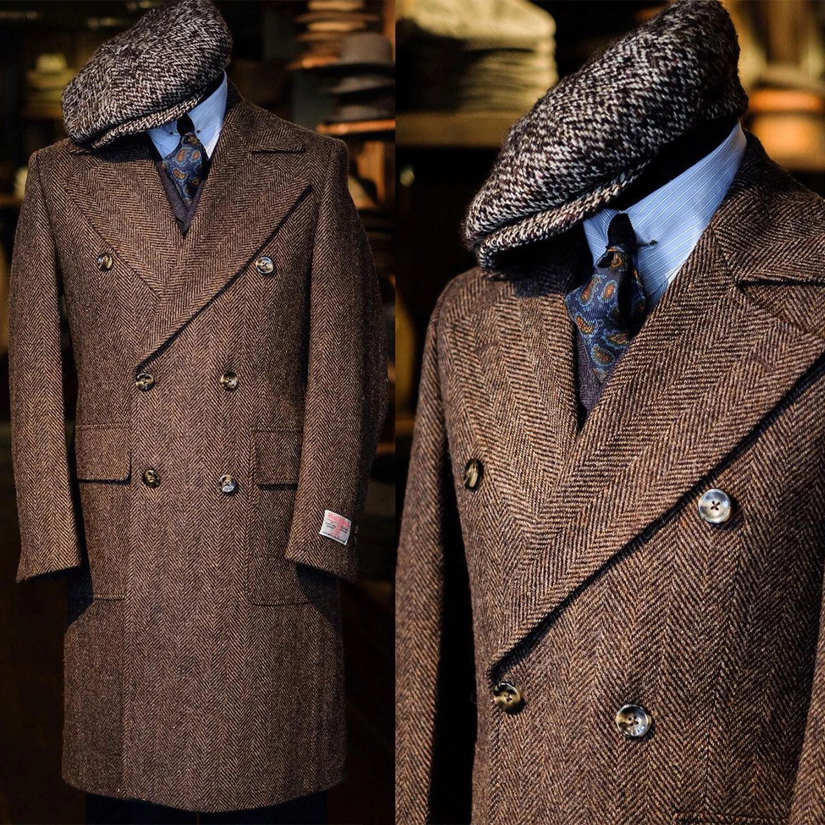 

Винтажное зимнее пальто с узором «елочка», двубортный толстый плащ, официальная повседневная верхняя одежда, куртка с карманами