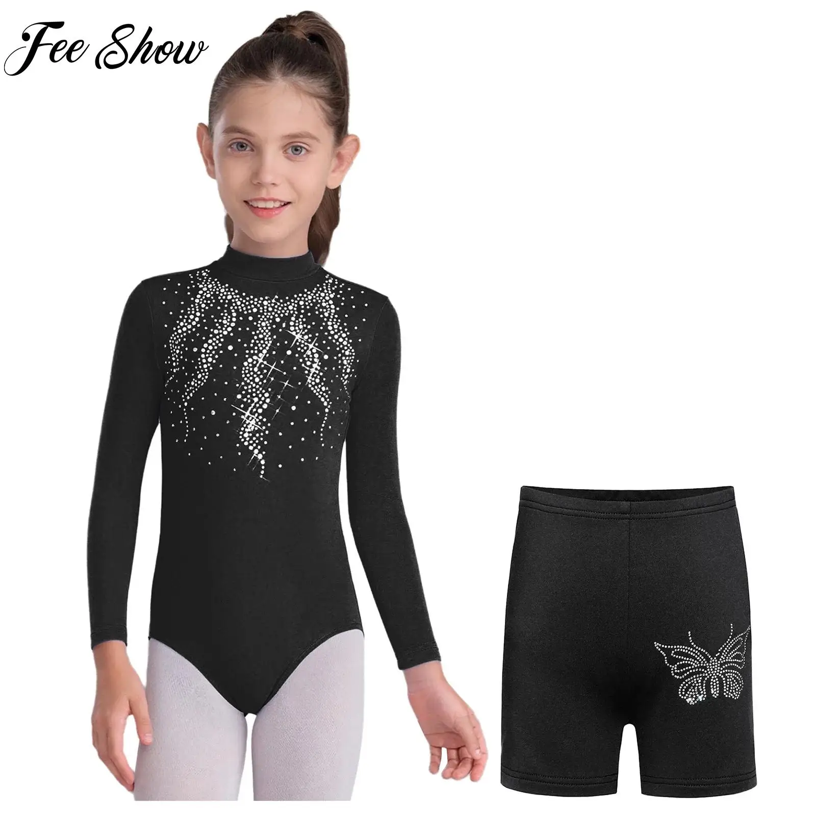

Child Girls Acrobatics Gymnastics Outfit Long Sleeve Rhinestone Thin Fleece Lined Leotard+Shorts Sets for Ballet Figure Skating