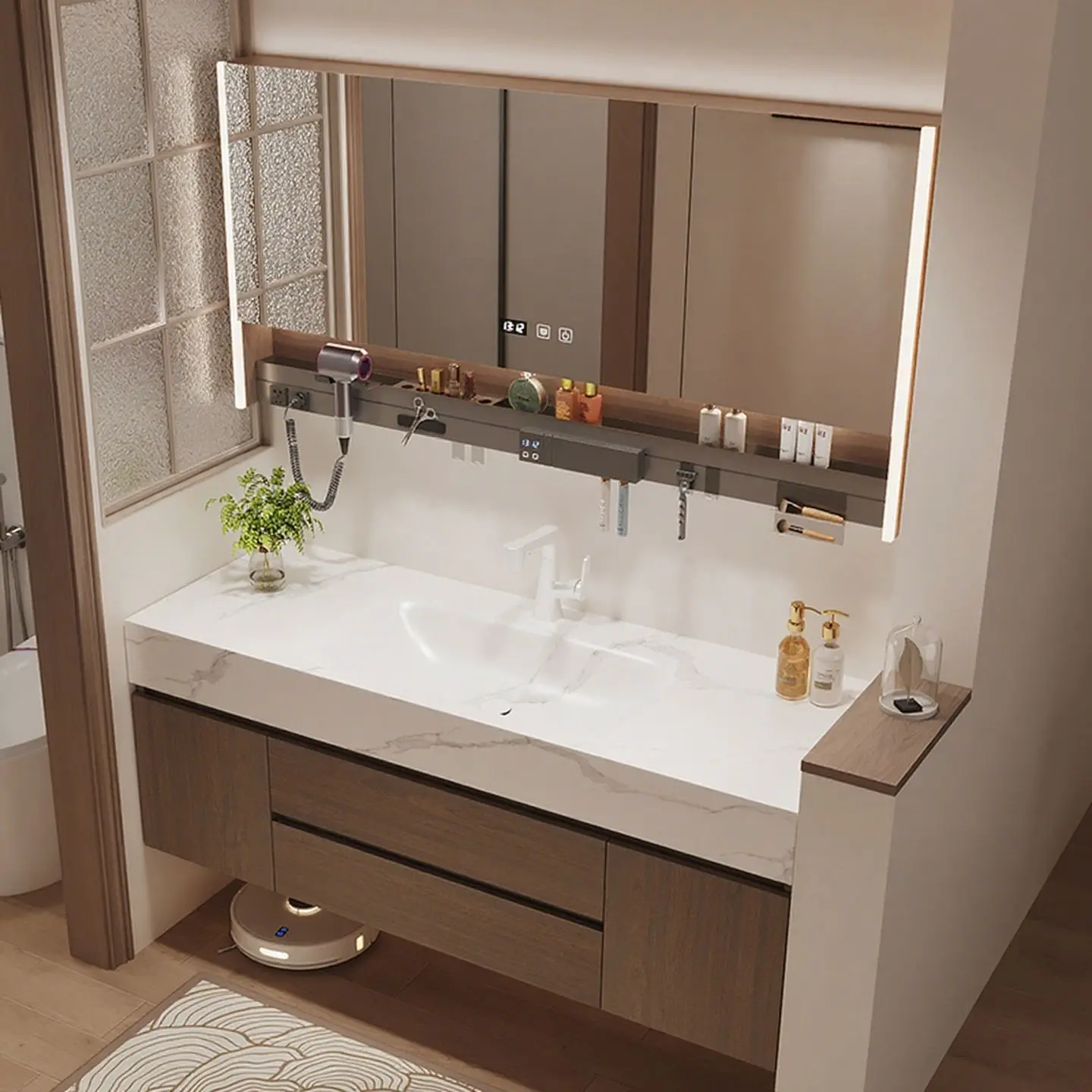 washbasin bathroom cabinet walnut bathroom rock slab hot bending integrated basin wash basin cabinet