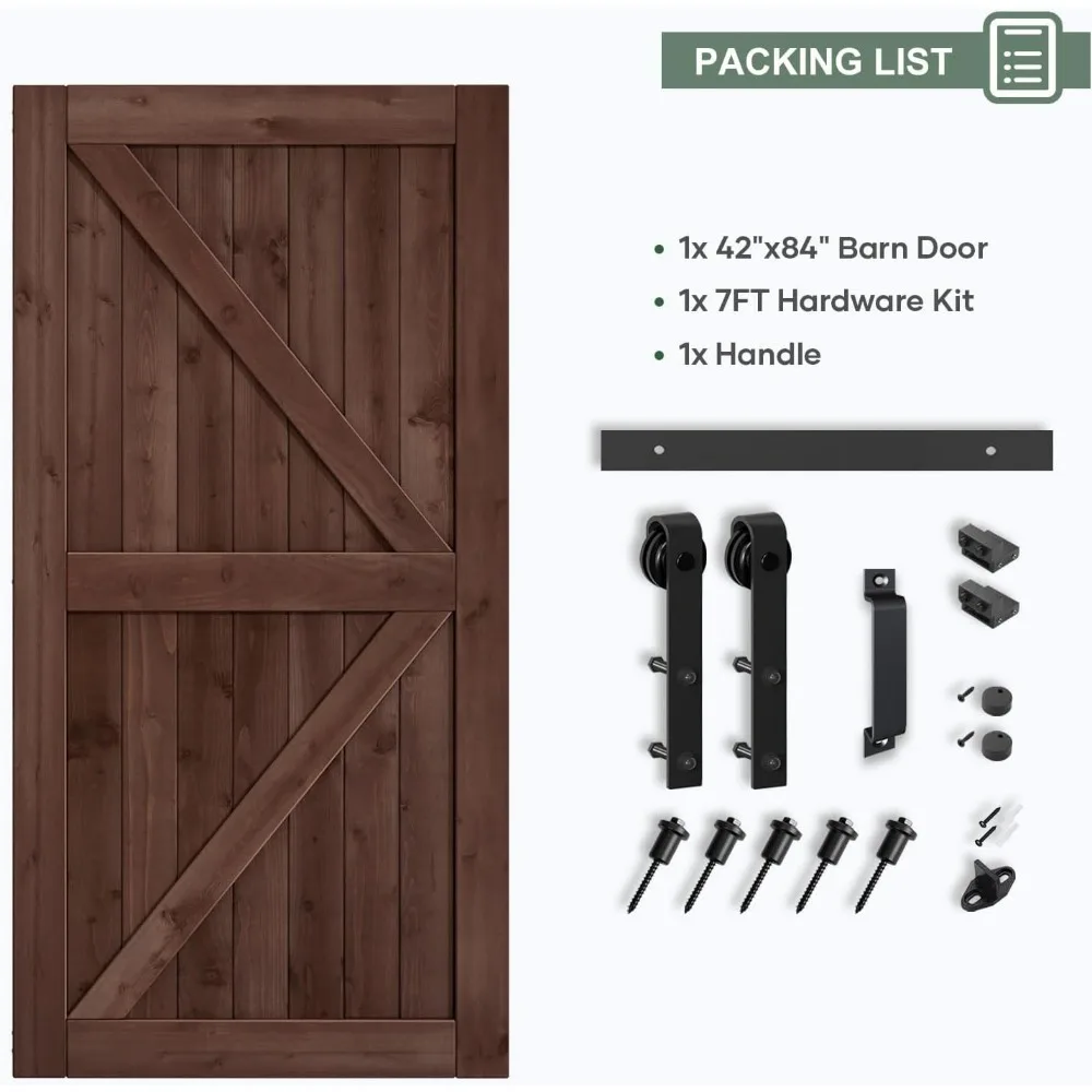 42x84 inch Sliding Barn Wood Door Slab with 7ft Hardware Kit and Handle, Coffee, K Shape, Simple Assembly tiny house