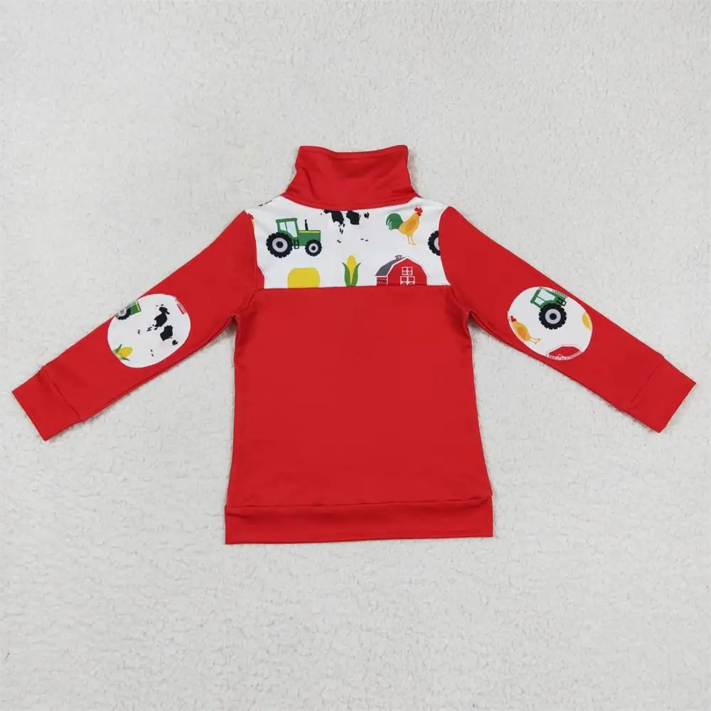 Wholesale Baby Boy Cow Cactus Tee Lapel Zipper Children Tops Toddler Farm Pullover Long Sleeves Tractor Cow Chicken Red Shirt