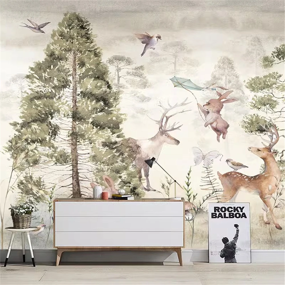 ورق حائط مخصص لحيوانات الغابات الاسكندنافية لغرفة الأطفال ، خلفية غرفة نوم بسيطة حديثة ، ورق حائط ثلاثي الأبعاد لرياض الأطفال #4