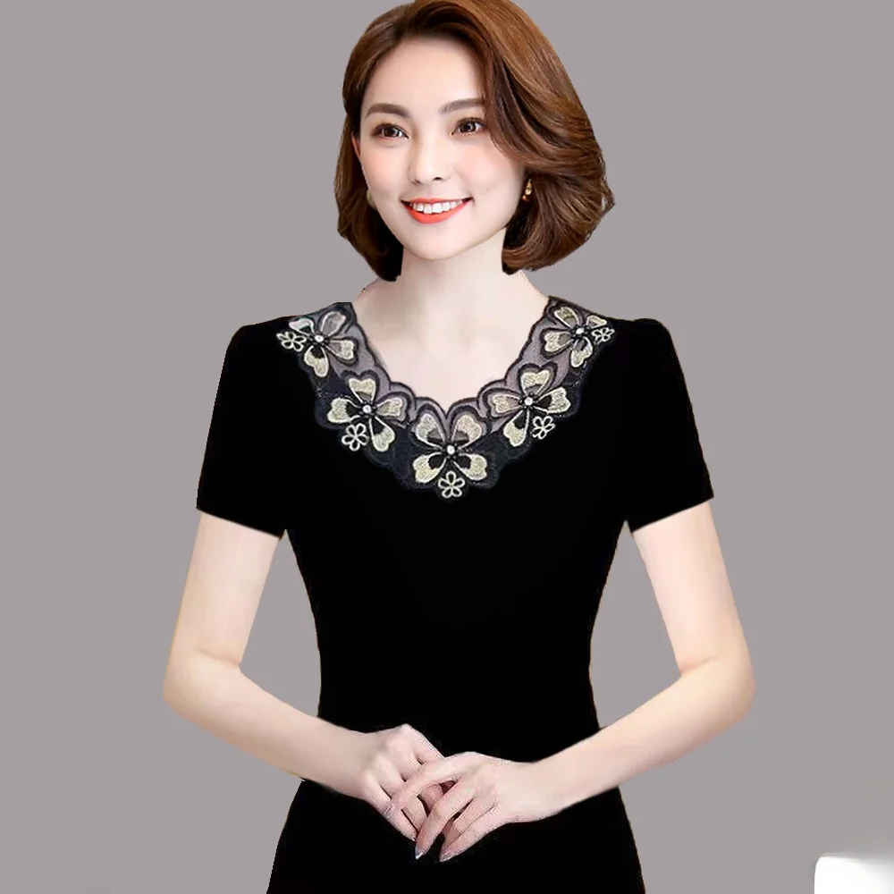 

Ladies Cotton Lace Sve T-irt ort Sve Loose Fit Summer Top Korean Sle round Ne Classic Pattern Diamond Embellied