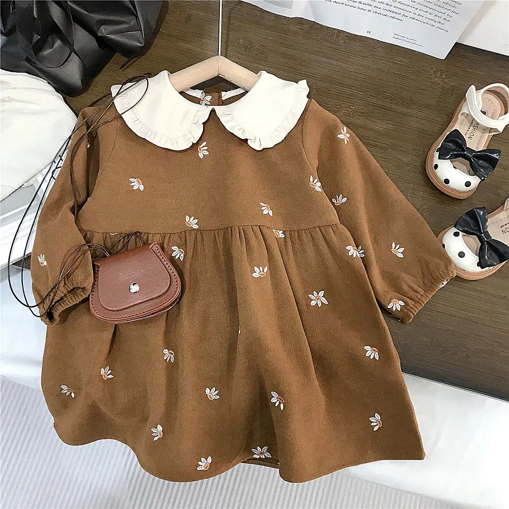 Sweet Kids Baby Girls Long Sleeve Flower Printing Princess Dress Autumn Baby Girls Doll Collar Dress Children Clothes Dress