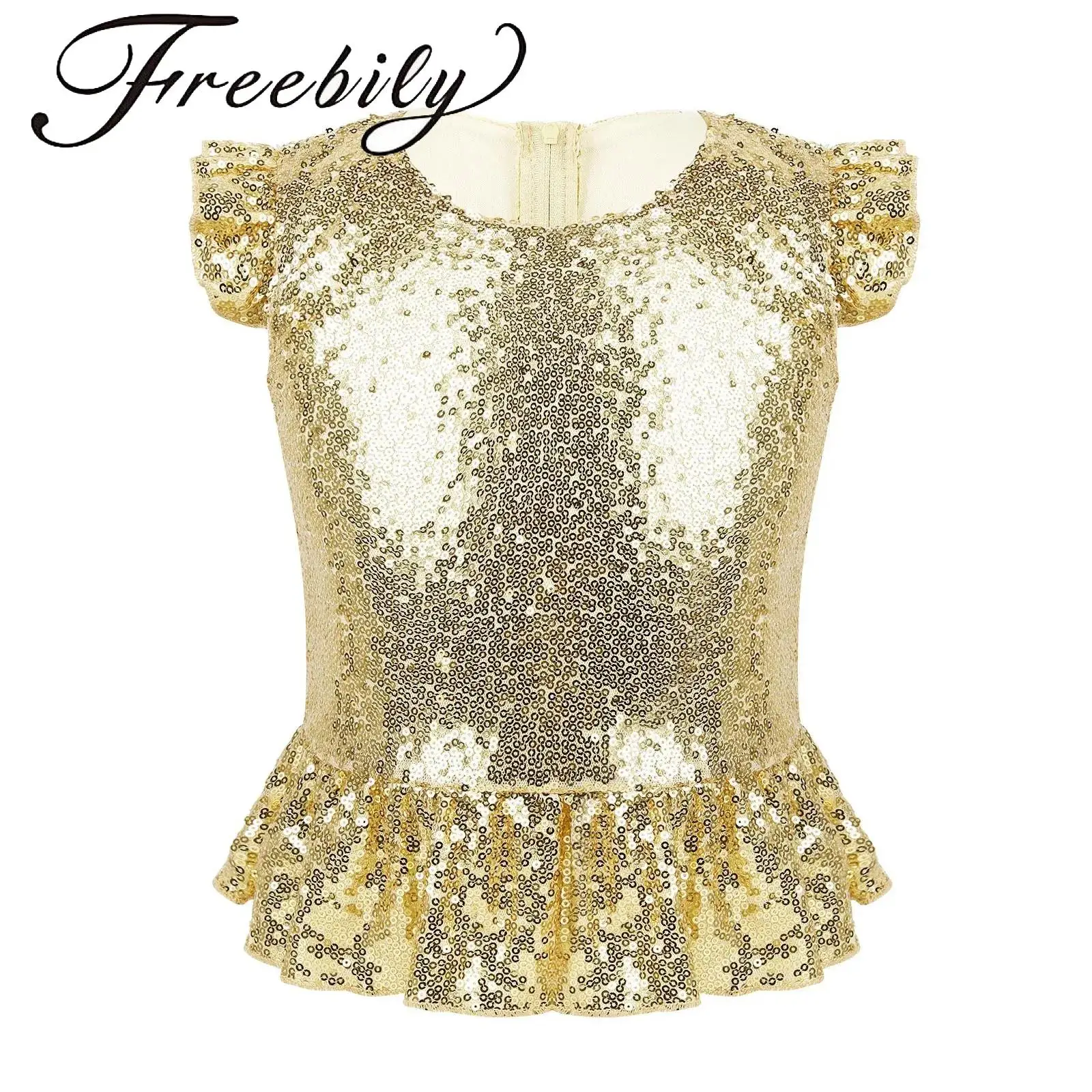 

Girls Mermaid Costume Vest Top Shiny Sequins Short Sleeves Peplum Top T-Shirt for Halloween Carnival Birthday Party Costumes