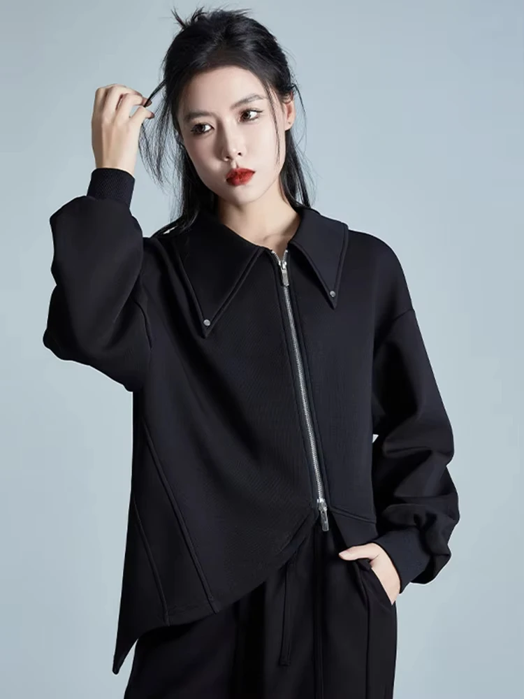 Loose Fit Black Zipper Big Size Casual Jacket New Lapel Long Sleeve Women Coat Fashion Tide Spring Autumn 2024 1DH1989