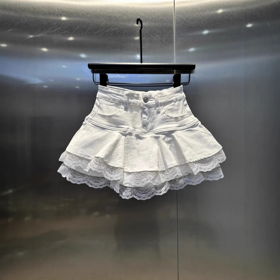 Sexy Lace Splicing Denim Skirt New Anti-light Puffy Cake Skirt