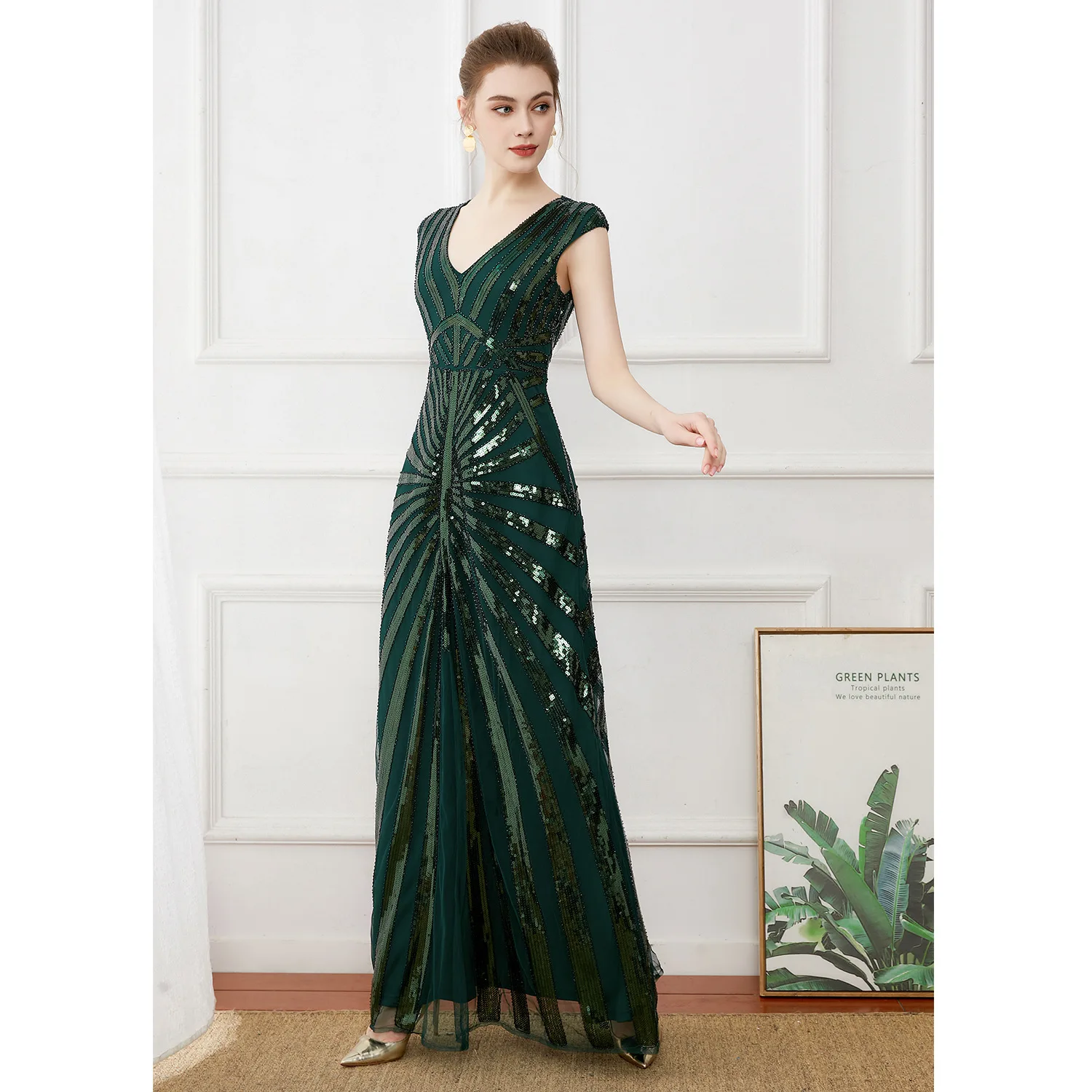 Vintage Dark Green Sequined Evening Gown Deep V Elegant Long Ceremonial Dress Noble Luxury Elegant Banquet Dresses 2024 New