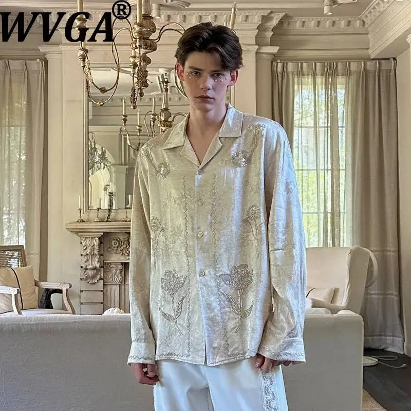 

WVGA Spring Autumn New Men's Sequined Floral Design Long Sleeved Shirts High-end Niche Chic Casual Texture Loose Tops Ins W24800
