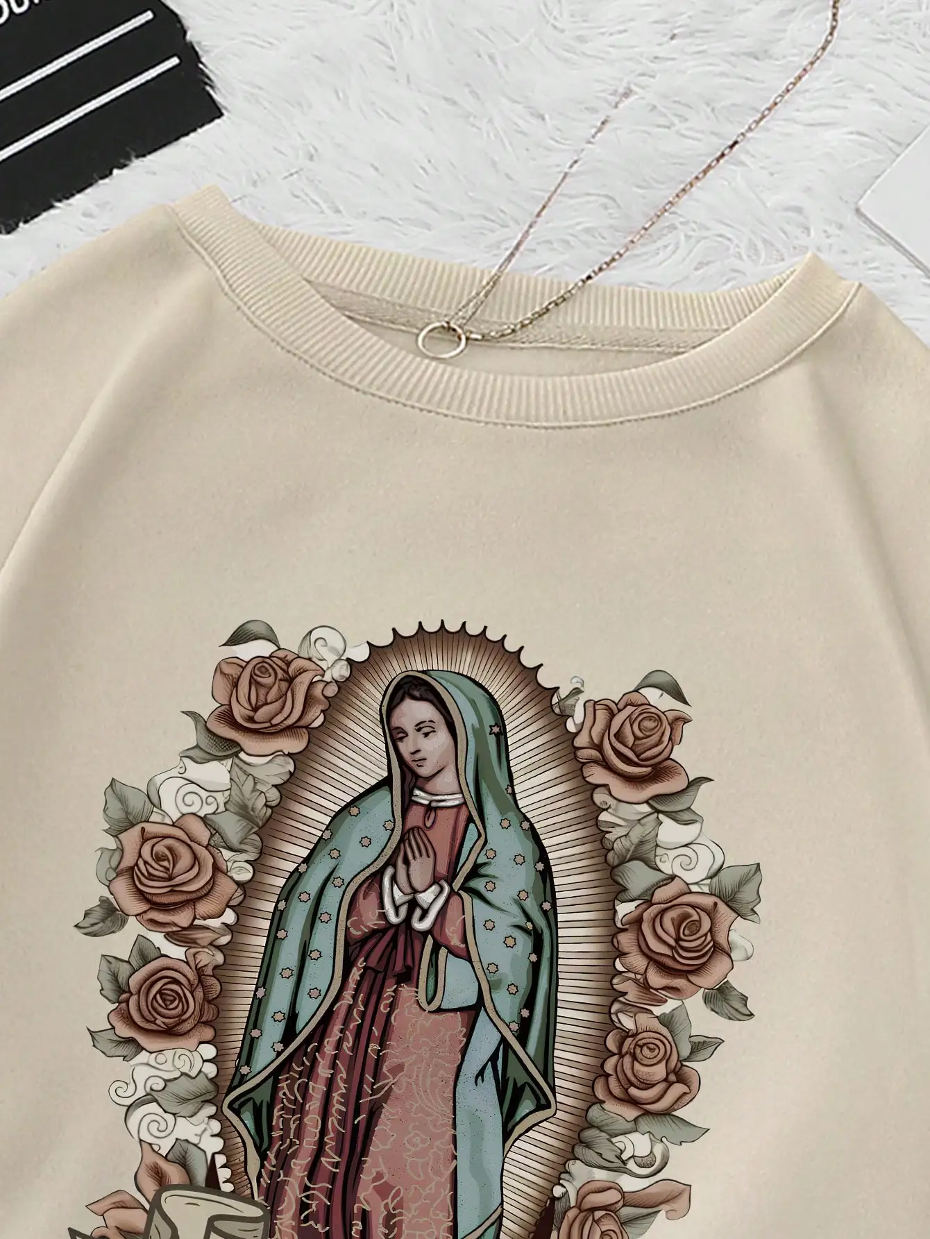 Women\'s Sweatshirts Women\'s Floral Virgin Mary Print Round Neck Autumn Sweatshirt Hoodie Vintage Essential Women Sweatshirt 2024