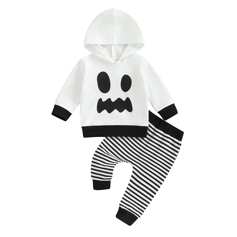 

Toddler Boy Halloween Outfit Ghost Embroidery Long Sleeve Hood Pullover with Elastic Waist Stripe Pants 2 Pcs Set