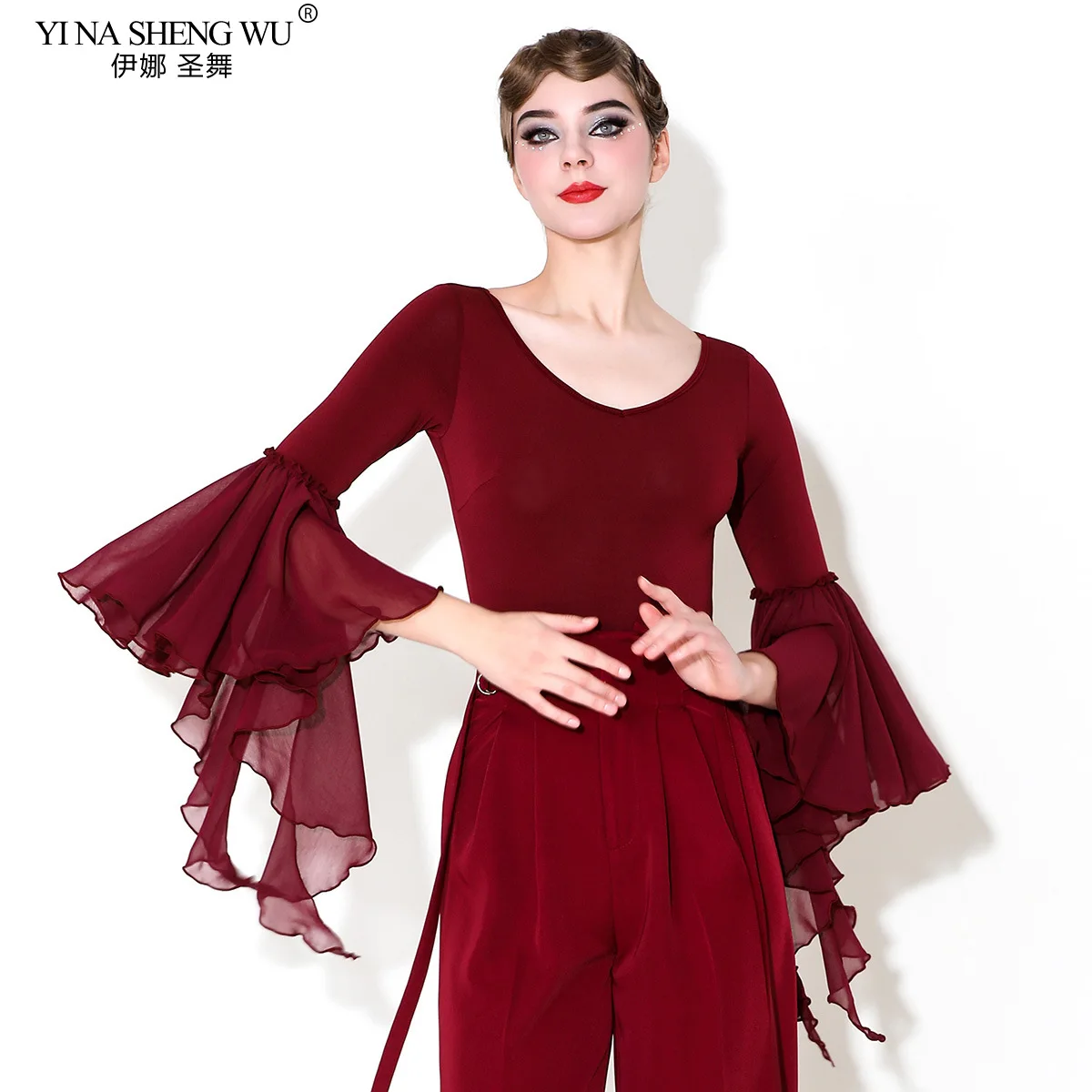 New Long sleeved Waltz Blouse Costumes Women Performance Modern Dance Clothes Bodysuit Ballroom Latin Dance Leotard Tops