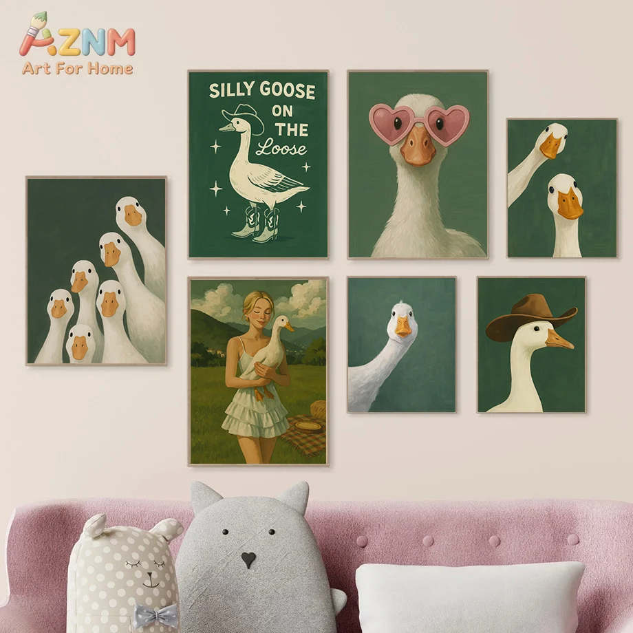 AZNM Cute White Goose Canvas Wall Art Green Background Funny Duck Vintage Painting Farm Animal Aesthetic Room Decor Unframed