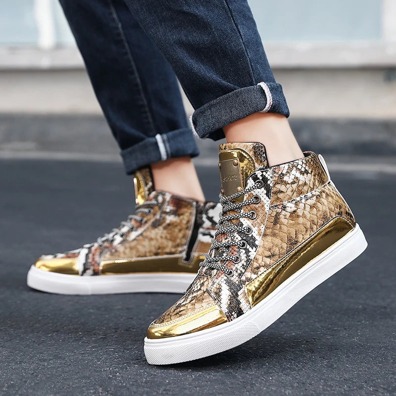 Autumn Winter Fashion Golden Snake Printed Men Flat Shoes Breathable Leather High Top Sneakers Men Lace-up Casual Sneaker Men