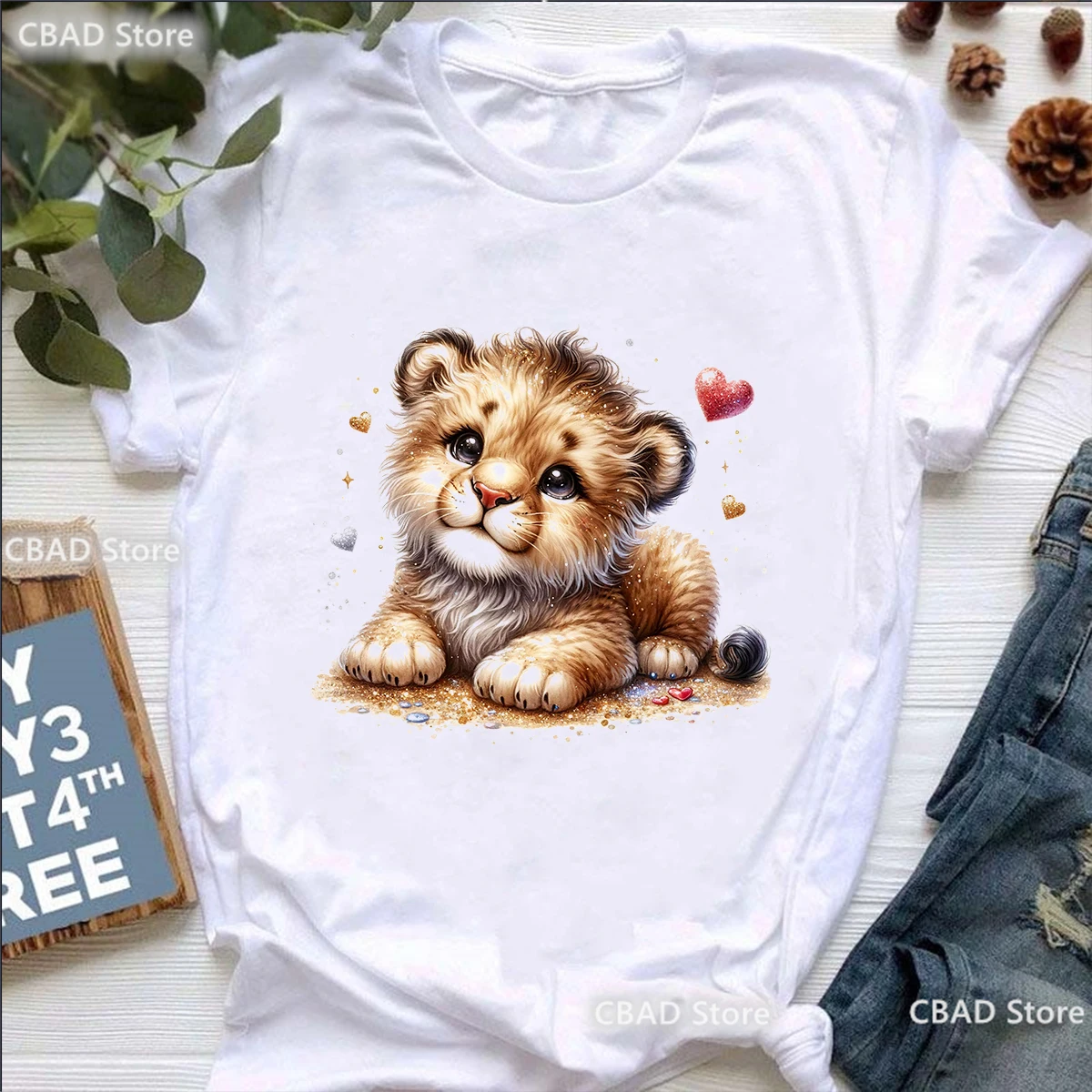 Glitter Lion Love Flowers Animal Printed T Shirt Girls Harajuku Kawaii Women'S Clothes Summer Casual T-Shirt Femme Fashion Tops
