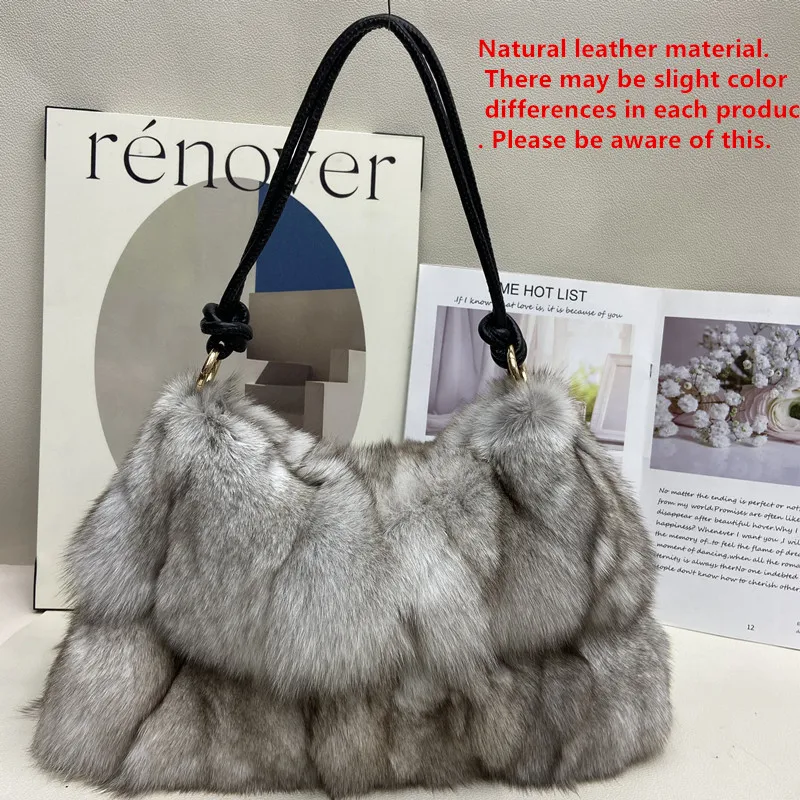 Genuine Fox Fur Women's Bag Large Capacity Soft Plush Tote Bag Versatile Handbag For Cross Portable Shopping Bag For Woman