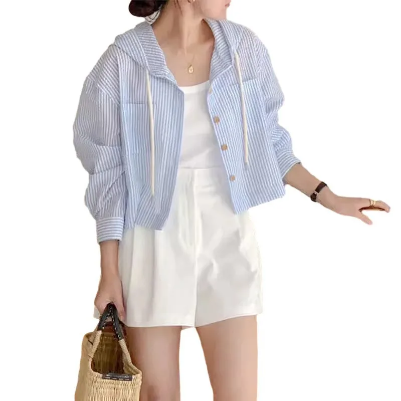 Women Summer Stripe Blouse Girls Casual Loose Hood Shirt Female Sun Protection Hooded Cardigan Long Sleeve Tops