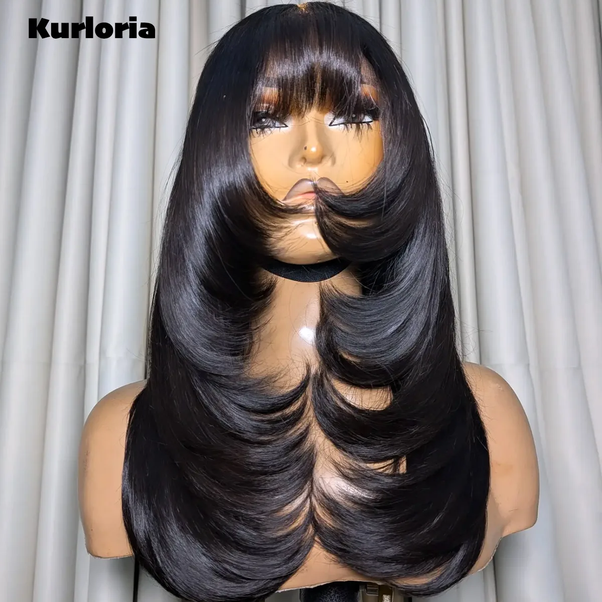 Layered Cut Natural Black Bangs Wigs 100% Human Hair 13x6/13x4 HD Lace Frontal Straight Fringe Wigs Wear and Go Glueless Wigs