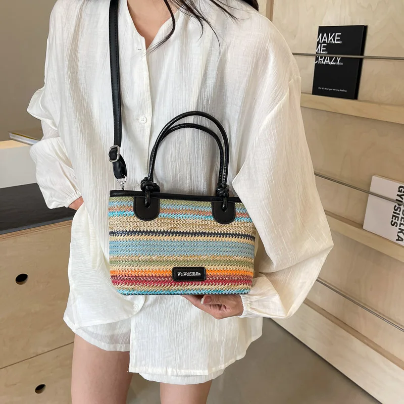 MOODS Straw Woven Design Top-Handle Bags Women Rainbow Color Summer Beach Shoulder Crossbody Bags 2024 Luxury Designer Handbags