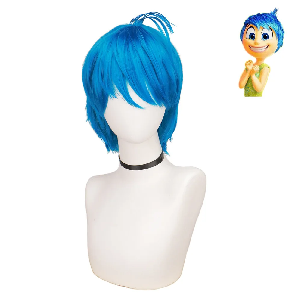 Anime Inside Out Disgust Cosplay Joy Peruca Curta Azul para Meninas Mulheres