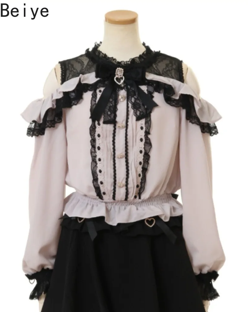 Spring Autumn Girl's Off Shoulder Shirt for Women Long Sleeve Sweet Lace Splicing Blouses Female Japanese Style Lolita Tops
