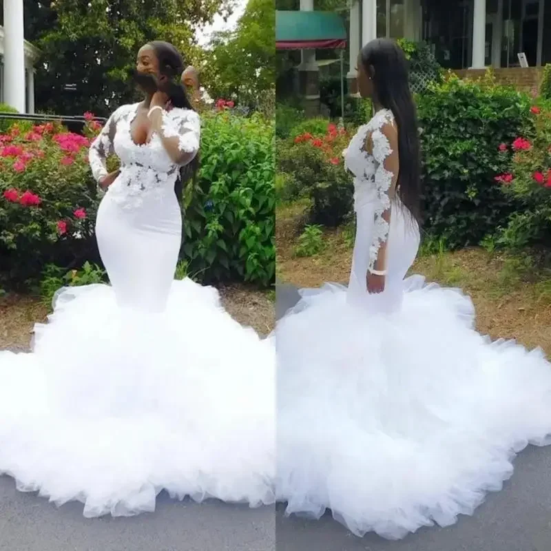 

Customized African Mermaid Wedding Ruffles 3D Lace Appliques Plus Size Bride Dresses Illusion Long Sleeves Bridal