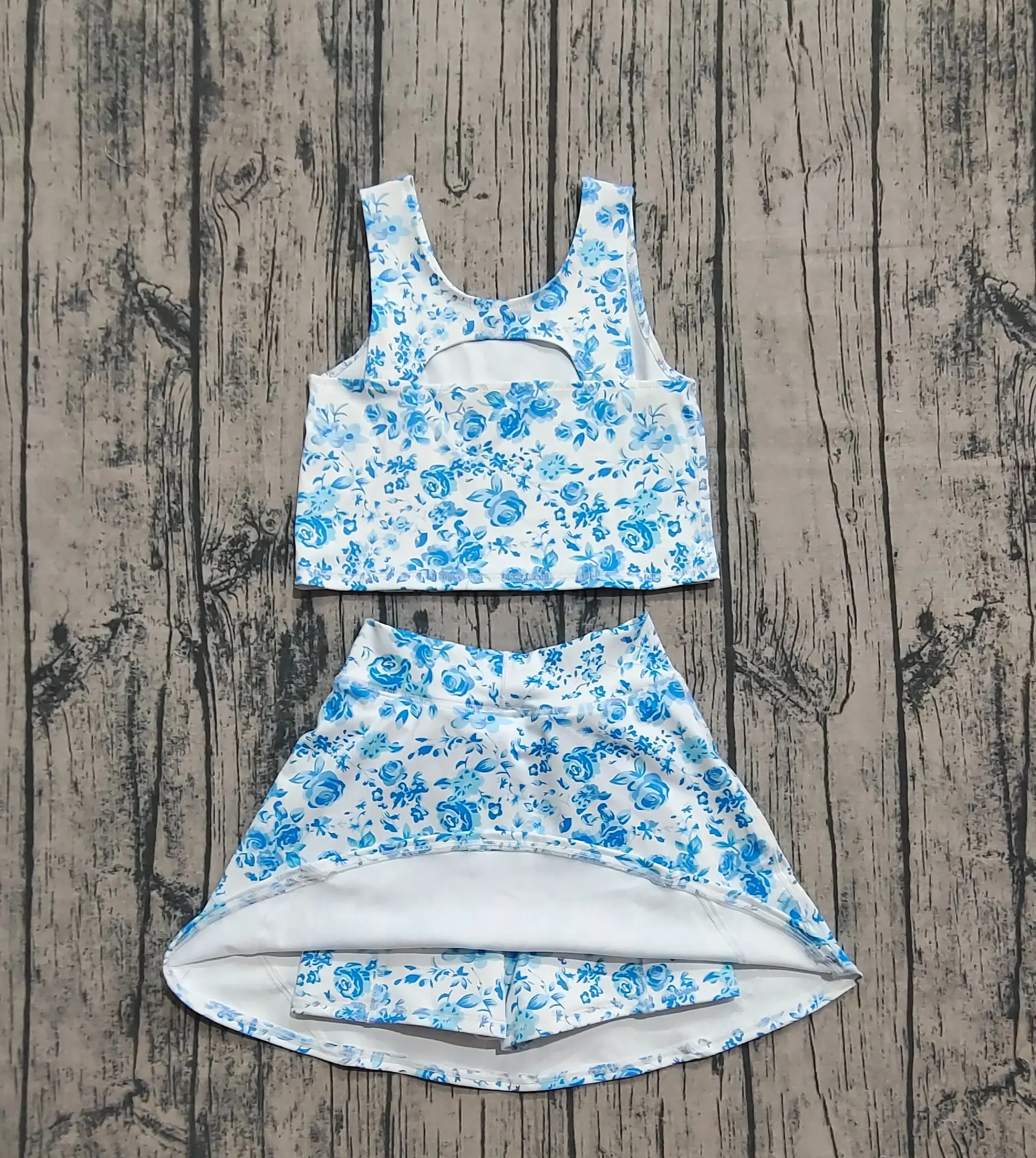 Wholesale Girl Summer Yoga Active Athletic Clothes Pockets Shorts Blue Floral Clothes Toddler Children Shirt Skort Baby Kids Set