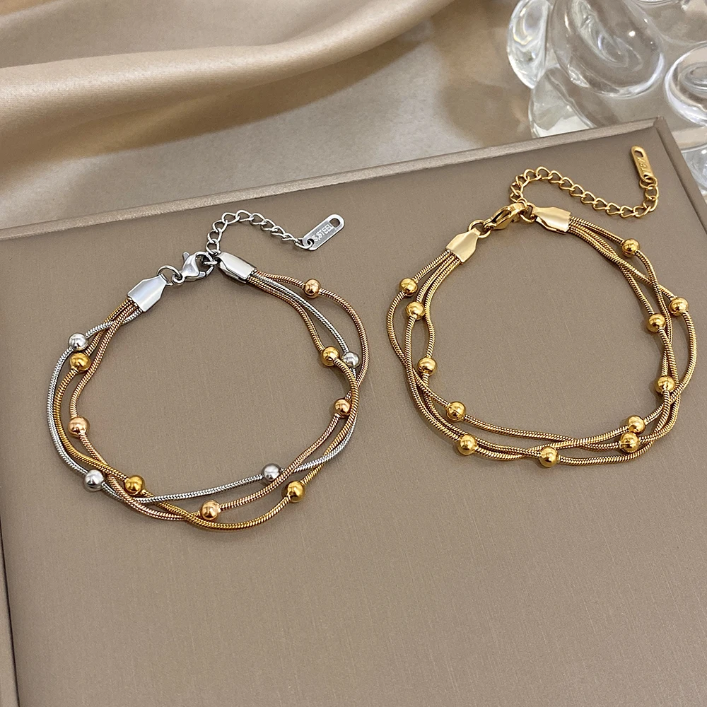 Stylish Gold Silver Color Stainless Steel Adjustable Bracelet for Women Elegant Multilayer Wrap Beaded Bracelets Party Jewelry