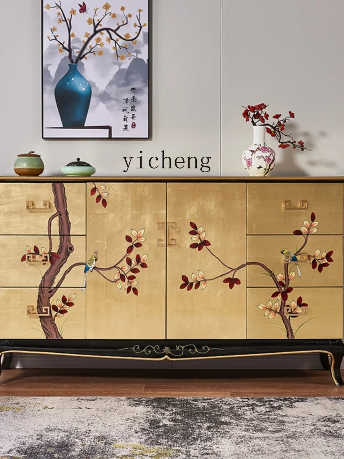 v9.4-New Chinese Style Painted Home Living Room Entrance Cabinet Modern Minimalist Solid Wood Paint Curio Cabinet
