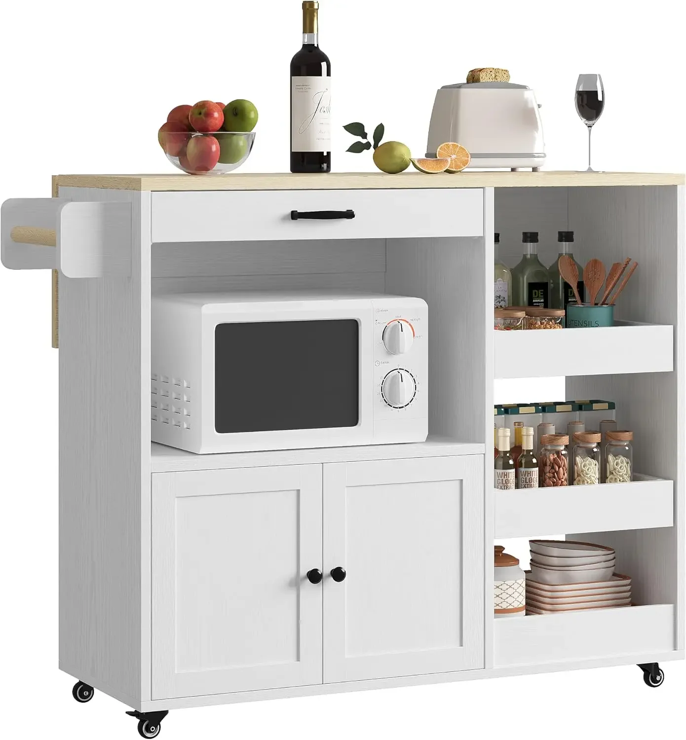 Kitchen Island Cart with Drop Leaf for Kitchen and Dining Room | Microwave Cart with Pull Out Open Shelves and Drawer, Mobile