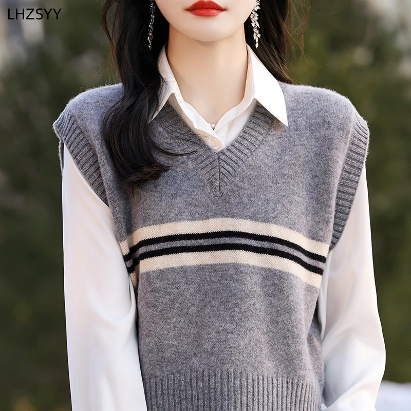 

LHZSYY 100% Merino Wool Vest Ladies V-neck Color Matching Sleeveless Sweater Vest 2024 Spring Autumn Short Jacket Knit Waistcoat