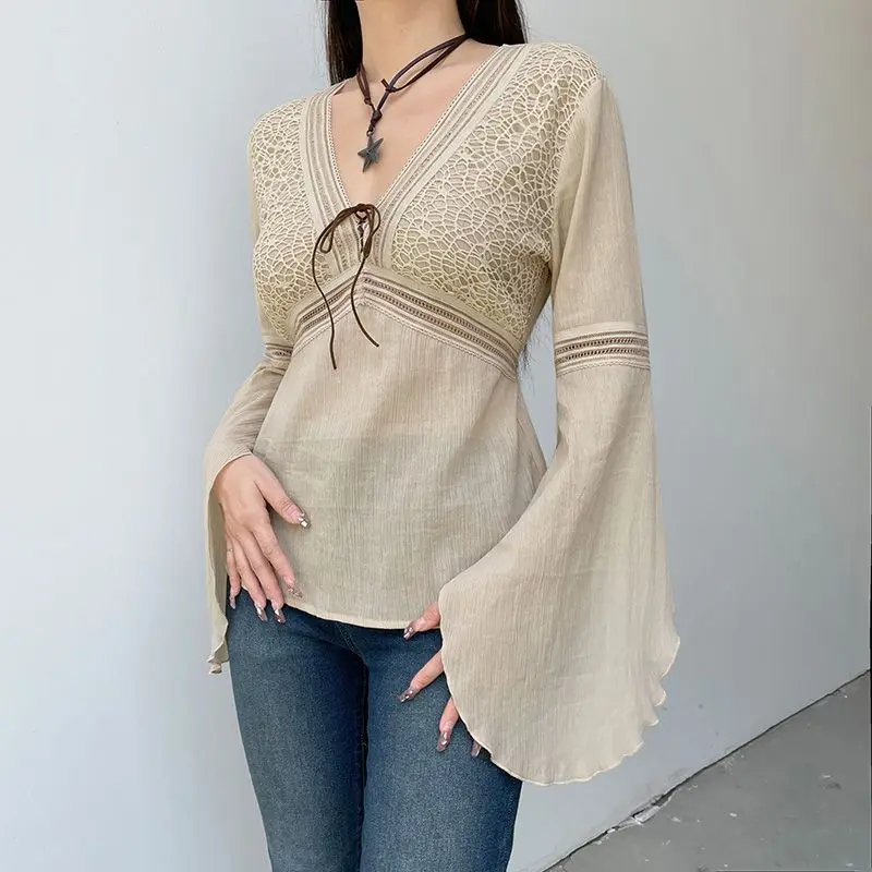 

Onalippa 2025 Spring Summer Forest Style Artistic Retro Strap Trumpet Sleeve Shirt Women Lace Sweet Gentle Sexy Deep V-top