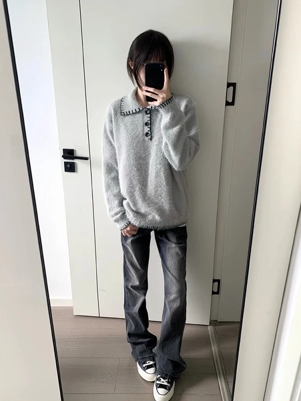 

ey Hand-Stitched Ne Knitwear Men's Sle Autumn Winter Aosphere CleanFit Lazy Top Warm Casual Long Sve Sweater