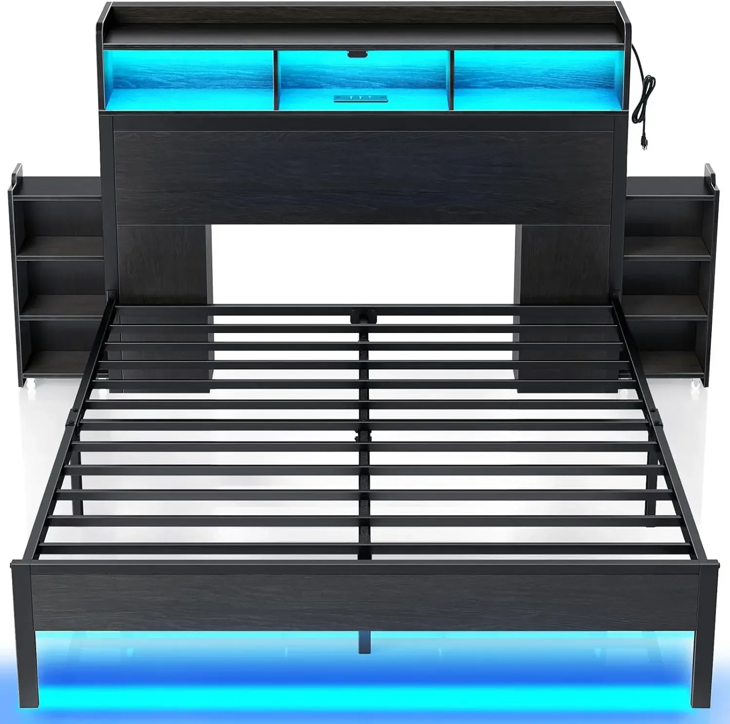 Rolanstar Bed Frame Queen Size with Bookcase Storage Headboard, Slide Out Bedside Storage