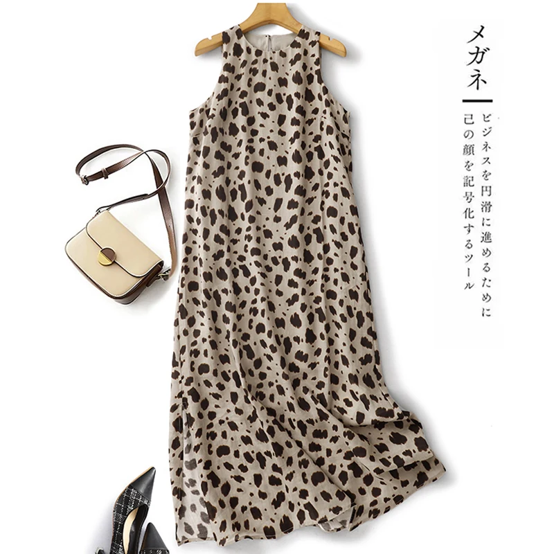 Neue Mode Leopard Print Ärmellose Weste Kleid Für Frauen Sommer Oansatz Lose Urlaub Lange Kleid Casual Büro Dame Kleid